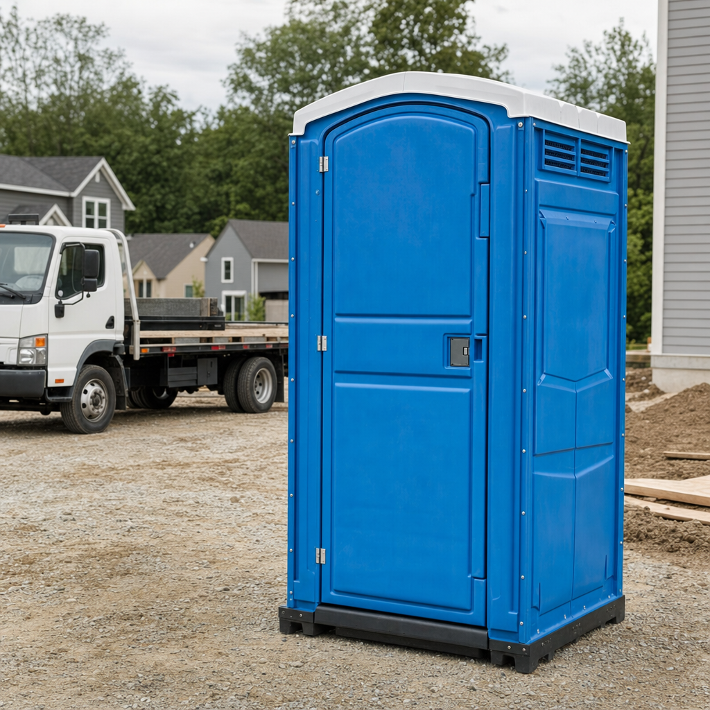Delivery driver positioning a clean royal-blue portable toilet on level ground at a Houston worksite